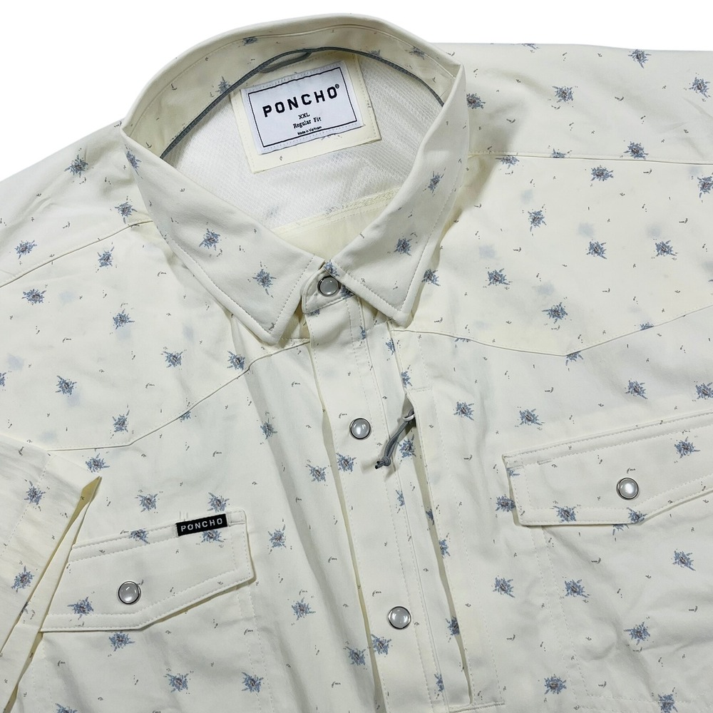 Poncho The Llano Western Pearl Snap Shirt Mens XXL Ivory Floral Fishing Tech